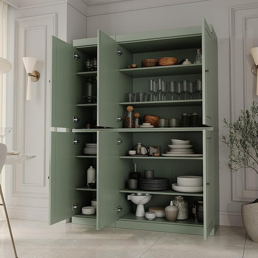 Palace Imports Solid Wood Kitchen Pantry Cabinet 71.5" Tall, 48.5" Wide – Freestanding Storage Cupboard with Adjustable Shelves – Sage, Renewable Eco-Friendly 100% Wood, Made in Brazil