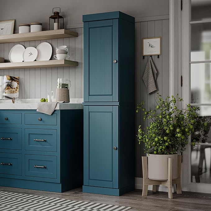 Palace Imports Solid Wood Pantry Cabinet - Tall Narrow Storage Cabinet with Raised Panel Doors - 16.5" W x 71.5" H - Teal Blue, Kitchen Cupboard, Adjustable Shelves, 100% Eco-Friendly Wood, Modular