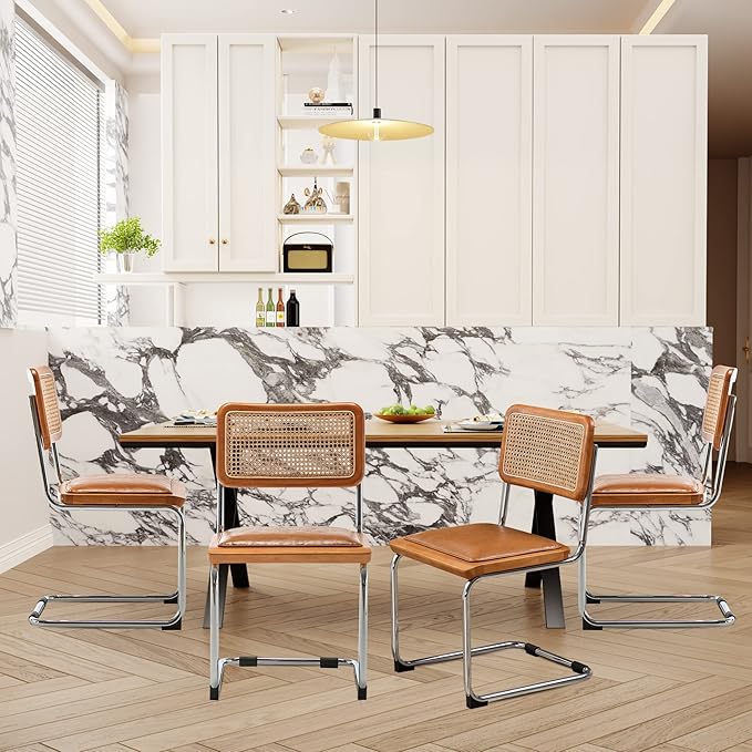 Alunaune Mid Century Modern Dining Chairs Set of 4, Upholstered Natural Rattan Kitchen Accent Chair, Armless Side Chairs with Metal Chrome Legs for Bedroom Living Room-Brown with PU Seat