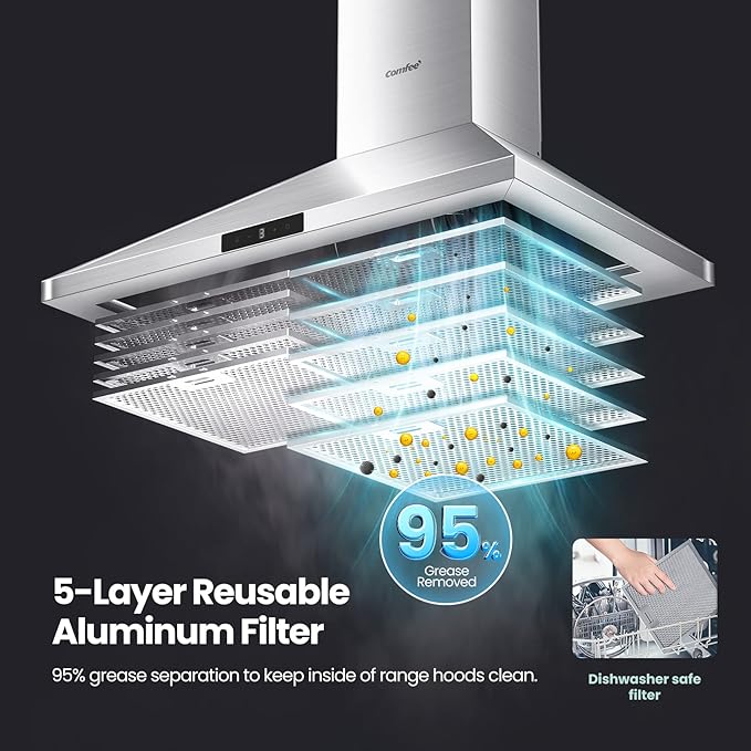 COMFEE' CVP30W7AST 30 Inch 450 CFM 3 Speed Gesture Sensing &Touch Control Panel Stainless Steel Wall Mount Ductless/Ducted Convertible Vent Baffle Filters and 2 LED Lights Range Hood