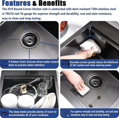 21x20 Drop In Black Bar Sink and Faucet Combo - 21 Inch Black Stainless Steel Drop In Kitchen Sink Workstation, 9 Inch Deep Wet Bar Sink Single Bowl with Accessories