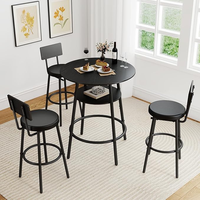 Zevemomo 4 Pieces 28.9" Round Bar Table Set, Bar Stool Table Set of 3, Black Kitchen Bar Table, Breakfast Table with Storage, 3 Thickened Cushion Stools with Backrest for Small Space & Bistro-Black