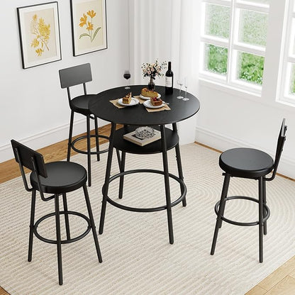 Zevemomo 4 Pieces 28.9" Round Bar Table Set, Bar Stool Table Set of 3, Black Kitchen Bar Table, Breakfast Table with Storage, 3 Thickened Cushion Stools with Backrest for Small Space & Bistro-Black