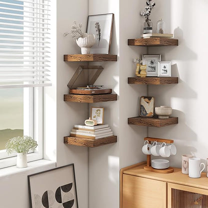 Fun Memories Floating Shelves for Wall - 10" x 10" Wood Shelf with Invisible Bracket - Deep Floating Shelves - 10 Inch Shelf Wall-Mounted for Living Room & Bathroom - Rustic Brown - Set of 2