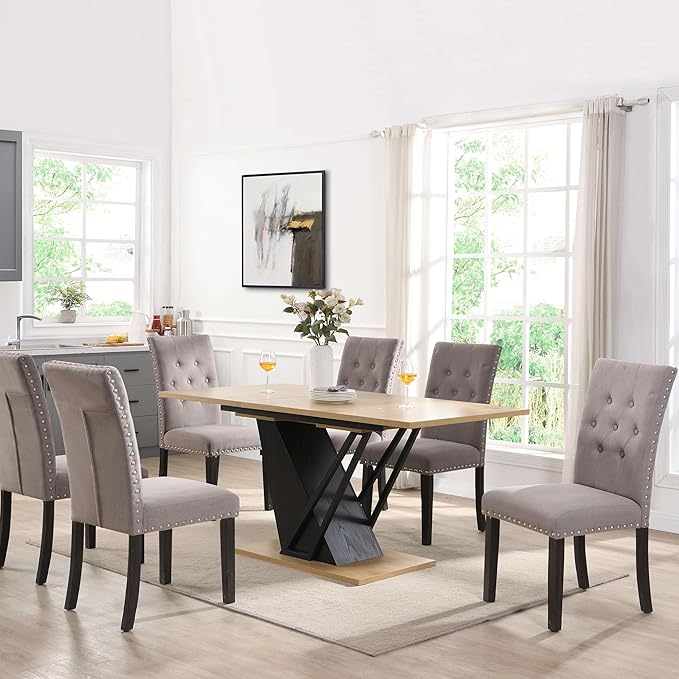 62" Extendable Island Table, Rustic Dining Table with Metal Frame, Mid Century Dining Table with MDF Top for Kitchen Dining Office, Black+Natural