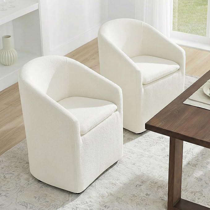 KISLOT Upholstered Dining Chairs Set of 4 with Casters, Modern Side Barrel Armchair with Washable Slipcover & Sturdy Metal Frame for Diningroom Bedroom Livingroom Reading Room, Beige Fabric