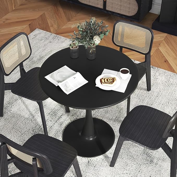 Byroce White Round Dining Table, Glossy Tulip Kitchen Table for 2-4, 32 Inch Coffee Side Table w/Sturdy Metal Pedestal Base, Modern Leisure Table for Small Space, Living Room, Office & Patio (Black)