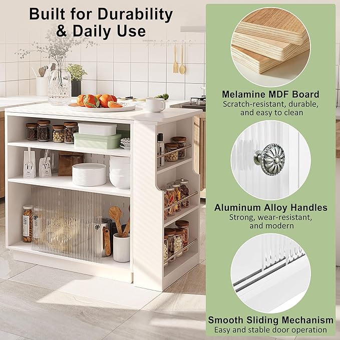 Modern Counter Height Dining Table,Extendable Kitchen Island & Buffet with Acrylic Sliding Doors,Pegboard,Half-Open Storage Shelves,Aluminum Alloy Handles (White-MC)