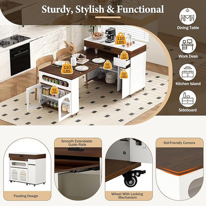 Modern Extendable Dining Table with Folding Top, Rolling Kitchen Island with Drawers & Storage Cabinet - Space Saving Kitchen & Dining Room Furniture with Sturdy Frame Construction, Easy Assembly,Crea