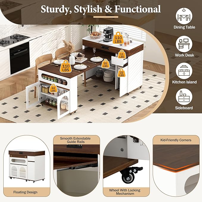 Extendable Dining Table with Extra-Long Folding Top, Rolling Kitchen Island with Drawers, Power Outlet and Brake Lock, Storage Cabinet for Kitchen and Dining Room (Walnut + Creamy White)