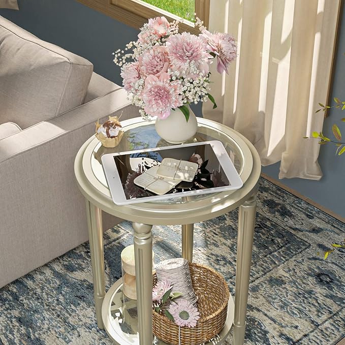 SUNBURY Modern End Table with Tempered Glass Top & Glass Lower Shelf, MDF Small Nightstand for Living Room, Bedroom, Dining Room (Champagne)