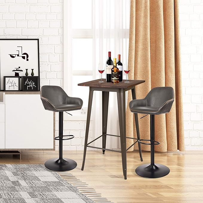 Glitzhome 3-Piece Pub Table and Chairs, Square Bar Height Adjustable Swivel PU Leather Bar Stools Set of 2, Rustic Dining Room Tables for Kitchen Island Bistro Office Living Room Small Space