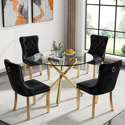 35.4'' Round Dining Table for 4 or 2, Glass Small Kitchen Table for Dining Room Living Room, Round Accent Tea Table Circular Dining Table, Gold Metal Tube Legs