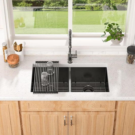 Lordear Double Bowl Black Kitchen Sink 16 Gauge Stainless Steel Undermount Kitchen Sinks Matte Gunmetal Black 50/50 Round Corner Sink 33x19x10 Inch