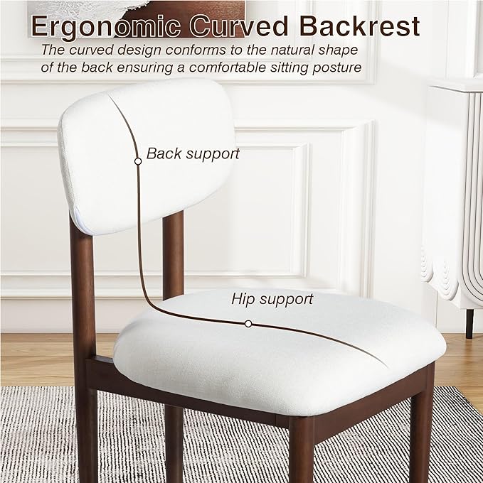 Casaphoria Upholstered Dining Chairs Set of 2, Mid-Century Modern Kitchen Chairs with Solid Wood Legs & Thick Cushion, Ergonomic Fabric Accent Chairs for Dining Room, Vanity & Office, White/Walnut