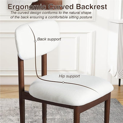 Casaphoria Upholstered Dining Chairs Set of 2, Mid-Century Modern Kitchen Chairs with Solid Wood Legs & Thick Cushion, Ergonomic Fabric Accent Chairs for Dining Room, Vanity & Office, White/Walnut