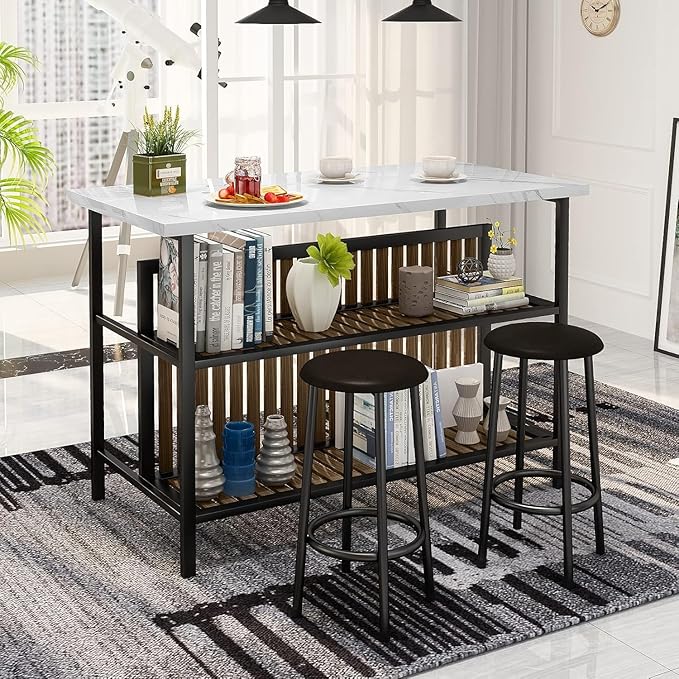 AWQM Kitchen Island with Seating & Storage Shelf, Modern Bar Table and Chairs Set for 2, Wooden Island Table for Kitchen, Dining Table Set for Small Space, White