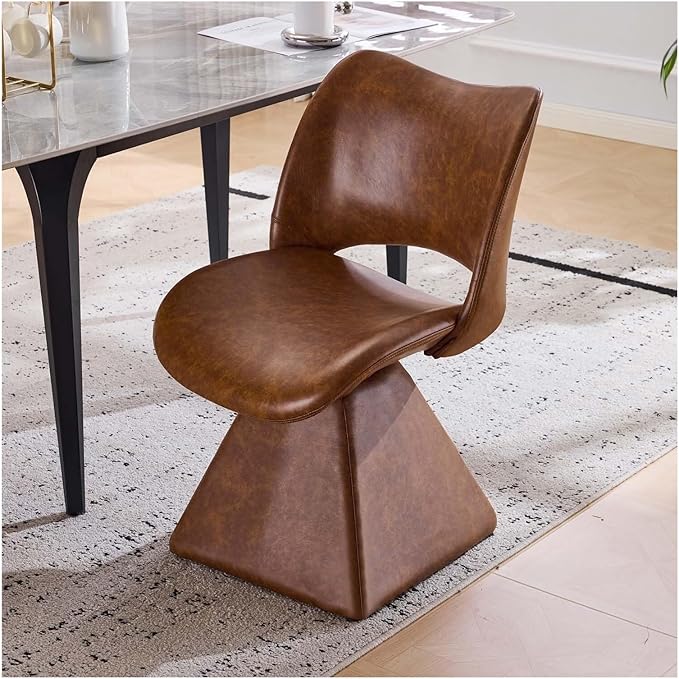360° Swivel Dining Chair with Curved High Backrest, Comfy Faux Leather Kitchen Chair with Solid Wood Frame, Upholstered Seat for Kitchen Island Desk Living Room(Brown)
