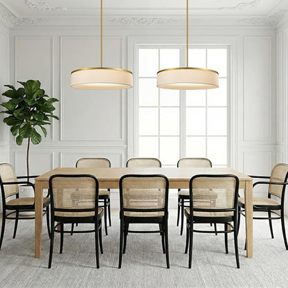 19.6 Inch Integrated LED Drum Chandeliers, 2800K Modern Fabric Pendant Light Fixture, White Linen and Gold Finish, Large Semi Flush Mount Lighting for Dining Room Bedroom Kitchen Entryway