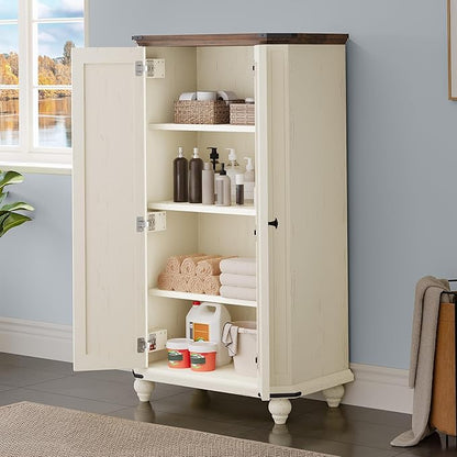 DWVO 4-Tier Storage Cabinet, 45.2" Farmhouse Kitchen Pantry Cabinet wth 2 Shutters-Doors & Adjustable Shelves, Wooden Tool Cabinet for Dining Room, Bathroom, Living Room, Laundry Room, Office, White
