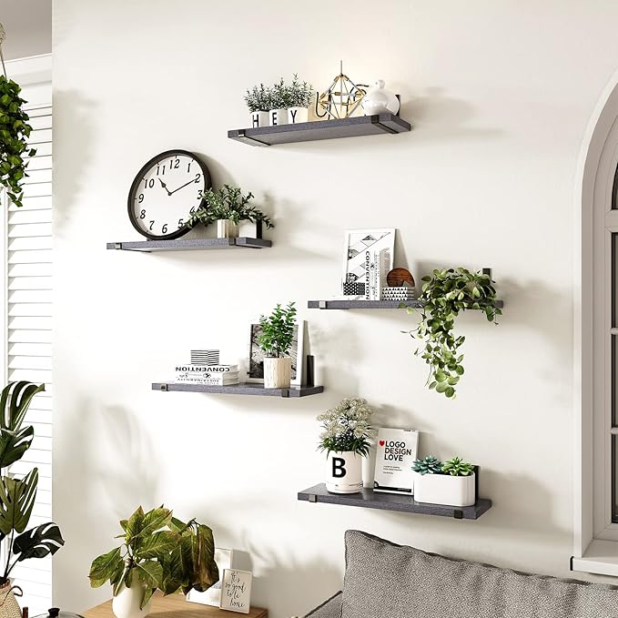 Fixwal Floating Shelves Set of 5, Width 4.7 Inches Wall Shelves, Rustic Wood Wall Storage Shelves for Bedroom, Living Room, Kitchen, Bathroom (Grey)