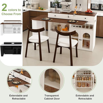 Kitchen Island Set with 2 Solid Wood Chairs, Extendable Rotating Table,with Walnut Veneer Retro Design, 4 Drawers Glass Door Cabinets, Expandable Dining Station for 2 4 Person KT175