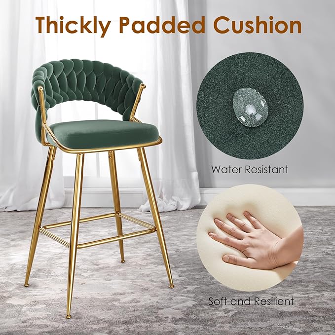25.2" Velvet Counter Stool with Gold Accents, Ergonomic Plush Seat for Kitchen Island Bar