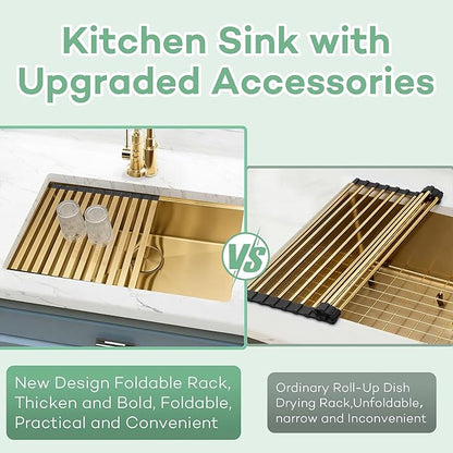 Gold Undermount Kitchen Sink, 16 Guage 304S Stainless Steel Workstation Sinks with Full Set Accessories, 30" x 18" x 6" Single Bowl ADA-Compliant Kitchen Sink, 6 Inch Deep Gold ADA Sink