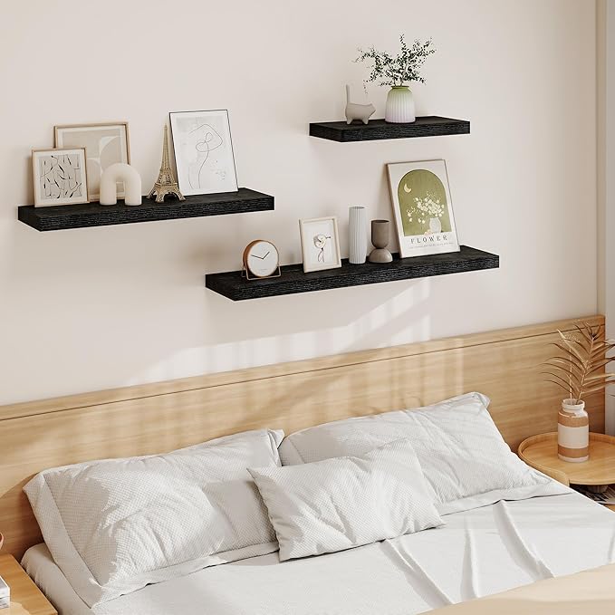 Vivelove Floating Shelves 16 Inch, Wall Shelves Over Toilet with Invisible Brackets for Bathroom Living Room Kitchen Bedroom Office Farmhouse Home Decor, 16" X 9.3" X 1.5" - Set of 2, Black