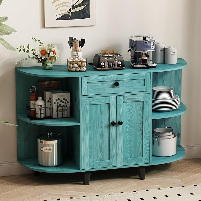 Sideboard Buffet Cabinet with Power Outlet,Freestanding Kitchen Cabinet with Storage,Accent Coffee Bar with Doors,Vintage Blue