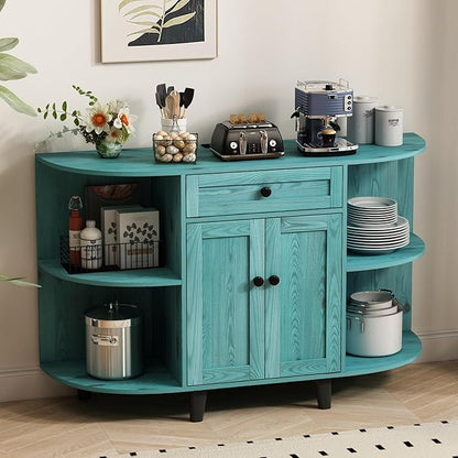 Sideboard Buffet Cabinet with Power Outlet,Freestanding Kitchen Cabinet with Storage,Accent Coffee Bar with Doors,Vintage Blue