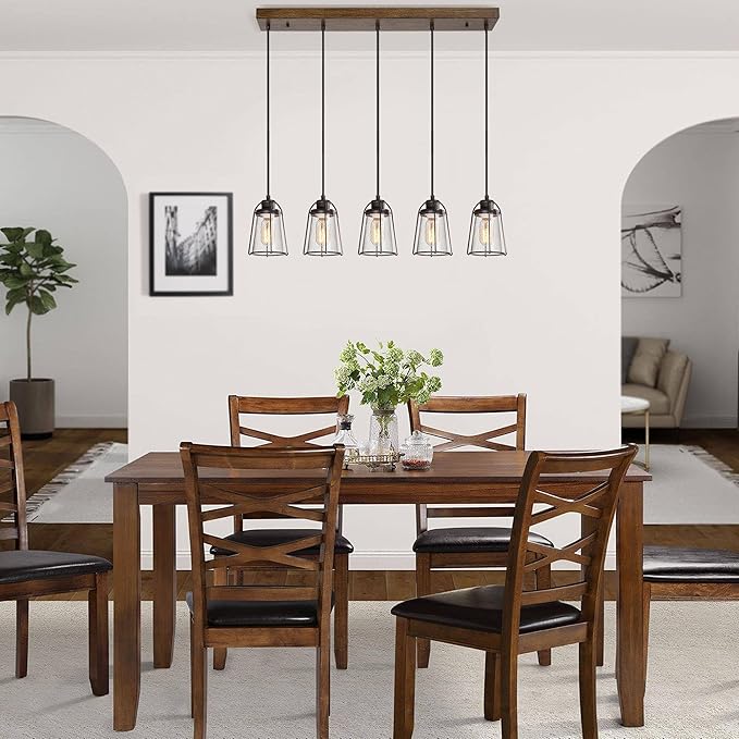 KSANA 5-Light Kitchen Island Lighting, Farmhouse Linear Chandelier with Seeded Glass Shade, Rustic Faux Wood Dining Room Light Fixture Over Table