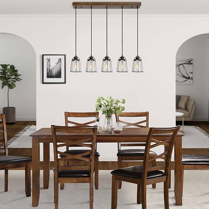 KSANA 5-Light Kitchen Island Lighting, Farmhouse Linear Chandelier with Seeded Glass Shade, Rustic Faux Wood Dining Room Light Fixture Over Table