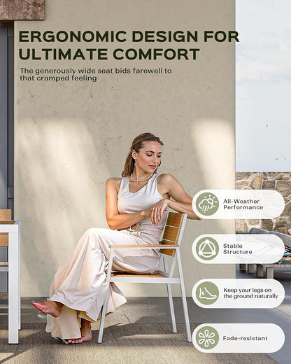 Vexwalx 5-Piece Outdoor Dining Set, Aluminum Dining Table Set for 4, Patio Table and Chairs Set with Umbrella Hole, All Weather HDPS Outdoor Table and Chairs for 4 (White-Teak)