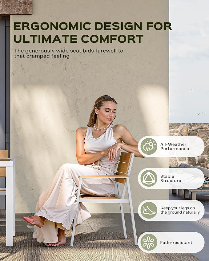 Vexwalx Outdoor Dining Chairs Set of 2, HDPS + Aluminum Patio Dining Chairs with Ergonomic Design and Wide Seat, 2 Piece Outdoor Chairs for Garden, Backyard, Deck (White-Teak)