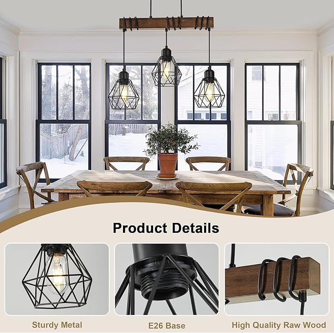 20'' 3-Light Kitchen Chandeliers Over Table, Farmhouse Black Dining Room Light Fixture, Linear Rustic Wood Ceiling Pendant Island Light Fixtures with Metal Lampshade, Height Adjustable by Power Cord