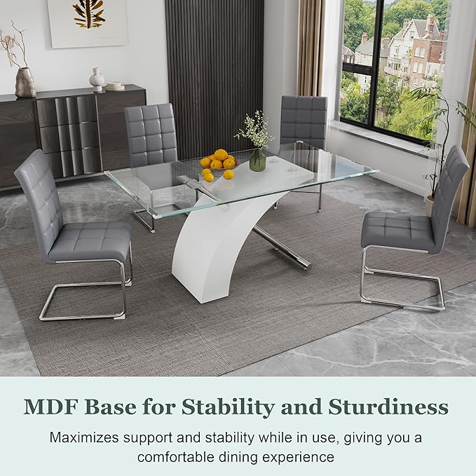 5-Piece Glass Dining Table Set, 63" White Kitchen Table with X-Shape MDF Base, Dining Room Set for 4 with 4 Leather Upholstered Chair for Kitchen, Dining Room (Gray,Silver)
