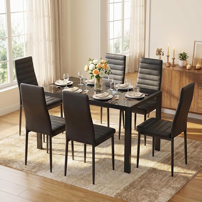 Gizoon Glass Dining Table Sets for 6, 7 Piece Kitchen Table and Chairs Set for 6 Person, PU Leather Modern Dining Room Sets for Home, Kitchen, Living Room