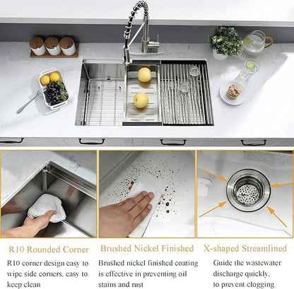 31 inch Undermount Kitchen Sink, 31x18 Inch Undermount Workstation Sink Single Bowl 16 Gauge 10 Inch Deep Handmade Stainless Steel Kitchen Sink with Cutting Board