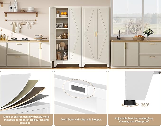 71" H White Pantry Cabinet,Metal Storage Cabinets with Doors and Shelves,Tall Food Kitchen Cabinets,Farmhouse Kitchen Cabinet,Freestanding Cabinet