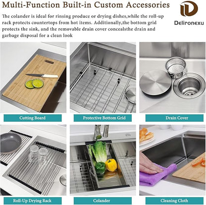 33x22 Drop In Kitchen Sink, Delironexu 33 Inch Kitchen Sink Workstation, 16 Gauge 304 Stainless Steel Top Mount Kitchen Sink Single Bowl with Accessories