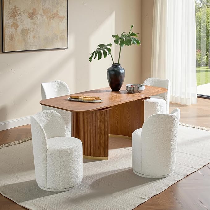 HULALA HOME Boucle Swivel Dining Chairs Set of 4 - Upholstered Barrel Kitchen Chair with 360 Degree Rotation, Beige Modern Accent Vanity Chair for Dining Living Room, Bedroom, Makeup Room