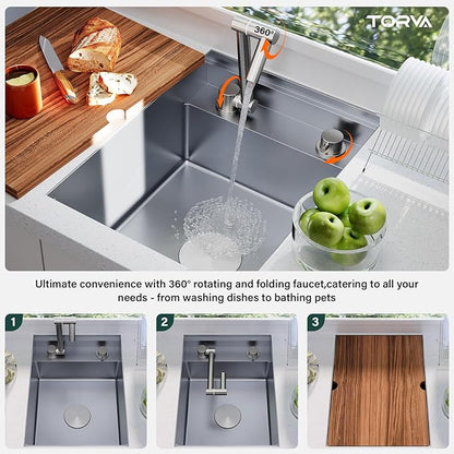 TORVA RV Kitchen Sink, 16 x 21 x 9 Inch Undermount Bar Sink 16 Gauge Stainless Steel Single Bowl Sink with Foldable Faucet Cutting Board, Grey