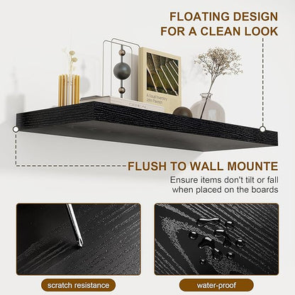 72 Inch Floating Shelves 2 Pack, 8 Inch Deep Floating Shelf Wall Mounted, Large Shelves with Invisible Bracket for Books|Storage, Rustic Wood Wall Shelf for Bedroom, Kitchen, Living Room, Black