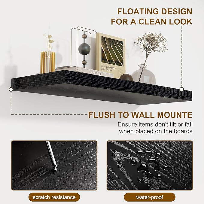 Fun Memories 72 Inch Floating Shelves for Wall, 8 Inch Deep Floating Shelf, Large Shelves with Invisible Bracket for Books|Storage, Rustic Wood Wall Shelf for Bedroom, Kitchen, Living Room, Black
