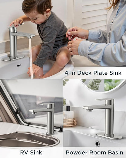FORIOUS Brushed Nickel Bathroom Faucet 1 Hole, Single Handle Single Hole Bathroom Faucet Brushed Nickel with Deck Plate and Pop Up Drain, CUPC Hoses for One Handle Vanity Sink, Rv, Camper, Farmhouse