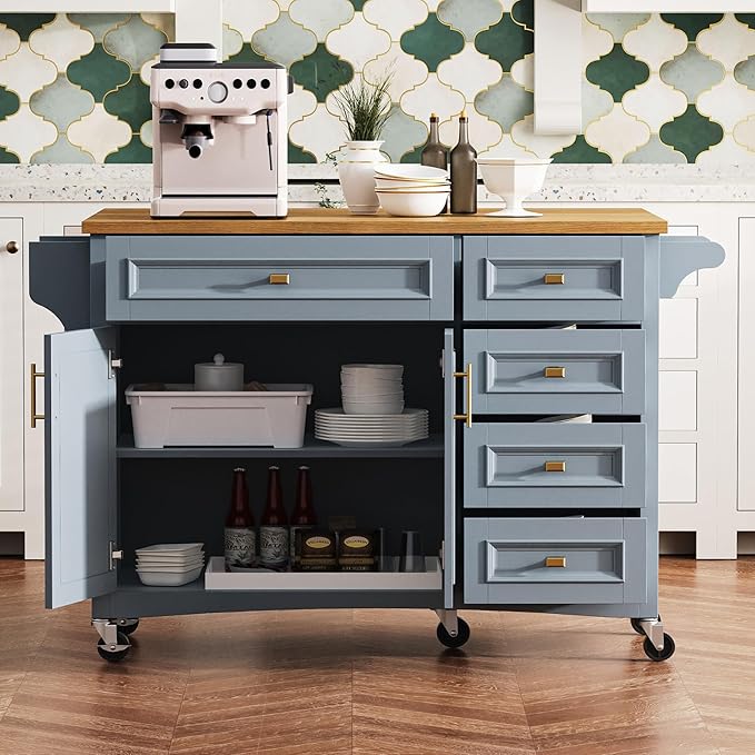 Kitchen Island with Drop Leaf, Embossed Texture Kitchen Island on Wheels with Spice Rack,Towel Rack, 2 Doors and 5 Drawers, Kitchen Storage Cart with Adjustable Shelf for Kitchen (Blue+Grey@093)