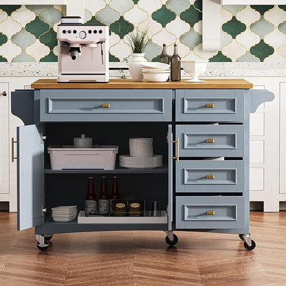 Kitchen Island with Drop Leaf, Embossed Texture Kitchen Island on Wheels with Spice Rack,Towel Rack, 2 Doors and 5 Drawers, Kitchen Storage Cart with Adjustable Shelf for Kitchen (Blue+Grey@093)