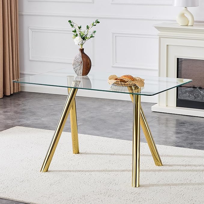 Rectangular Glass Dining Table 51 Inch Modern Rectangular Kitchen Table with Metal Legs Durable Stylish Dinner Table for Dining Room Kitchen