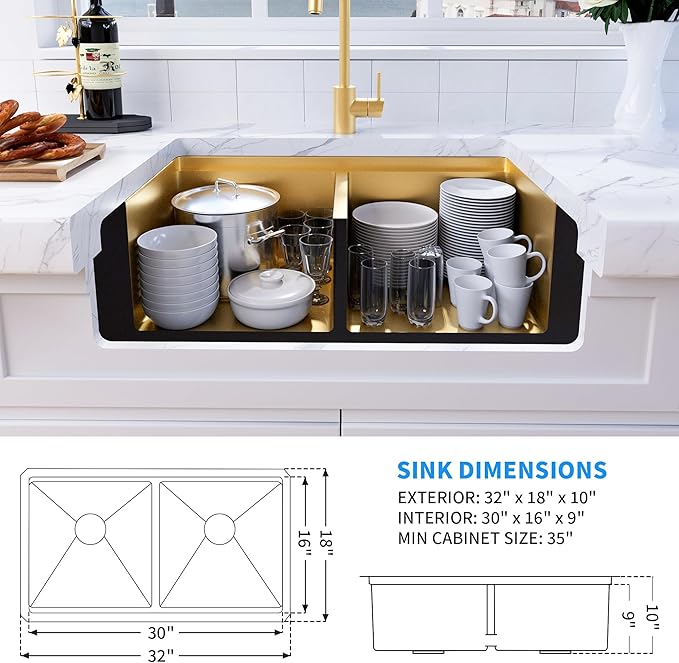 MILOSEN 32 Inch Gold Undermount Kitchen Sink, 50/50 Double Bowl Workstation Sink with Integrated Ledge & Accessories,10''Large and Deep T304 Stainless Steel Handmade Sinks